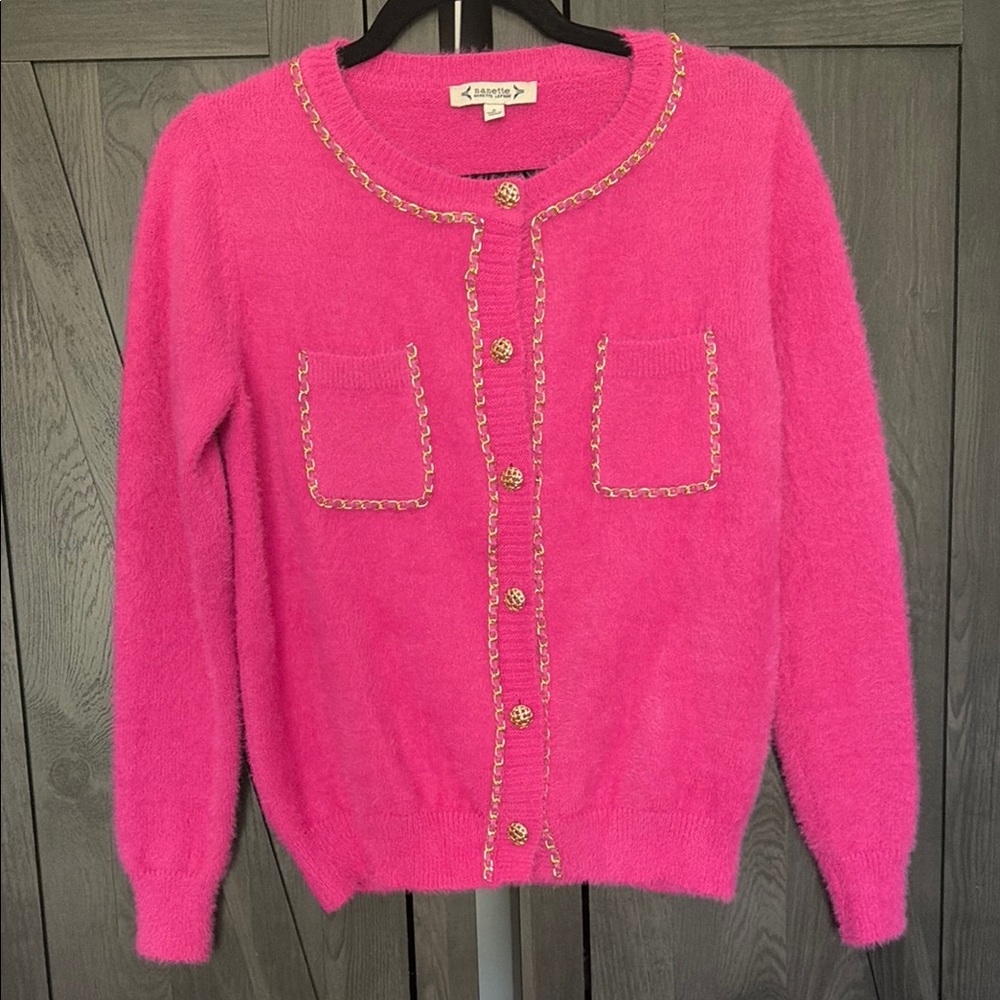 NANETTE LEPORE 
Gold Chain Trim pink Cardigan
Size small